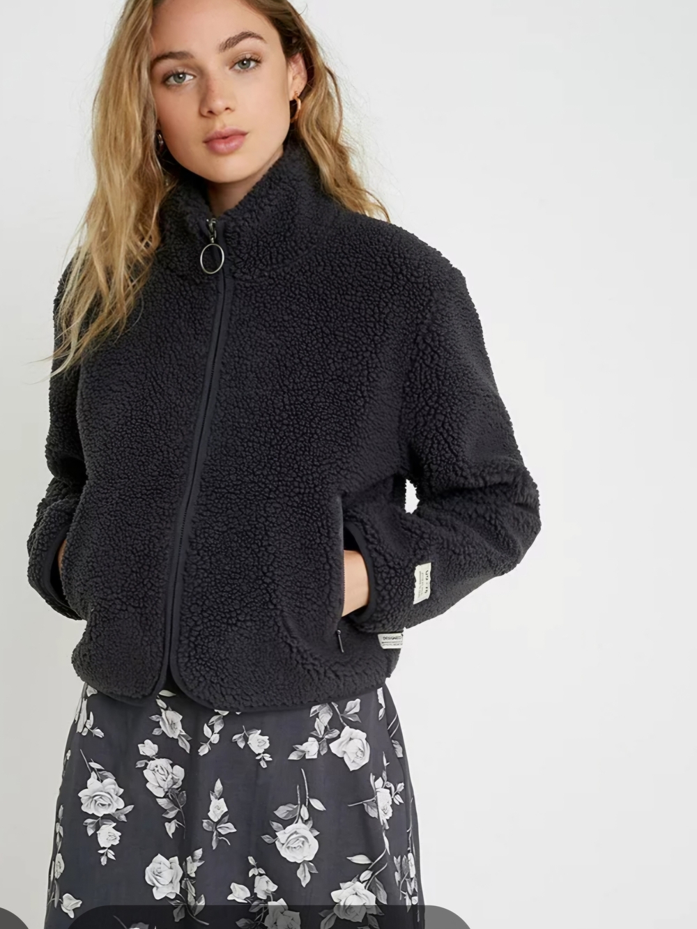O Urban Outfitters Dark Grey Sherpa Zip Bomber Jacket Medium